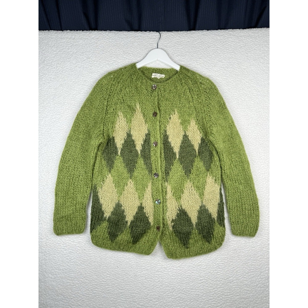 Vintage MOHAIR WOOL Hand Knit Cardigan Sweater Green Argyle Women's 38 - Large?